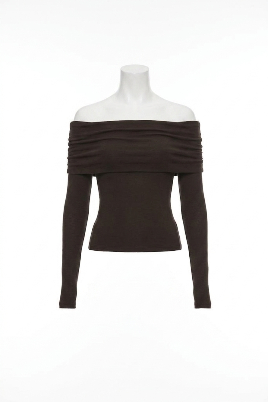 NEW ENZA COSTA silk rib long sleeve off-shoulder top in coffee bean